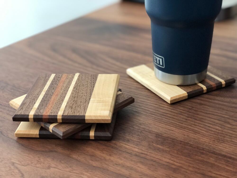 Handcrafted Vertical Stripe Wood Coaster Set of 4 Black Walnut, Sapele and Maple